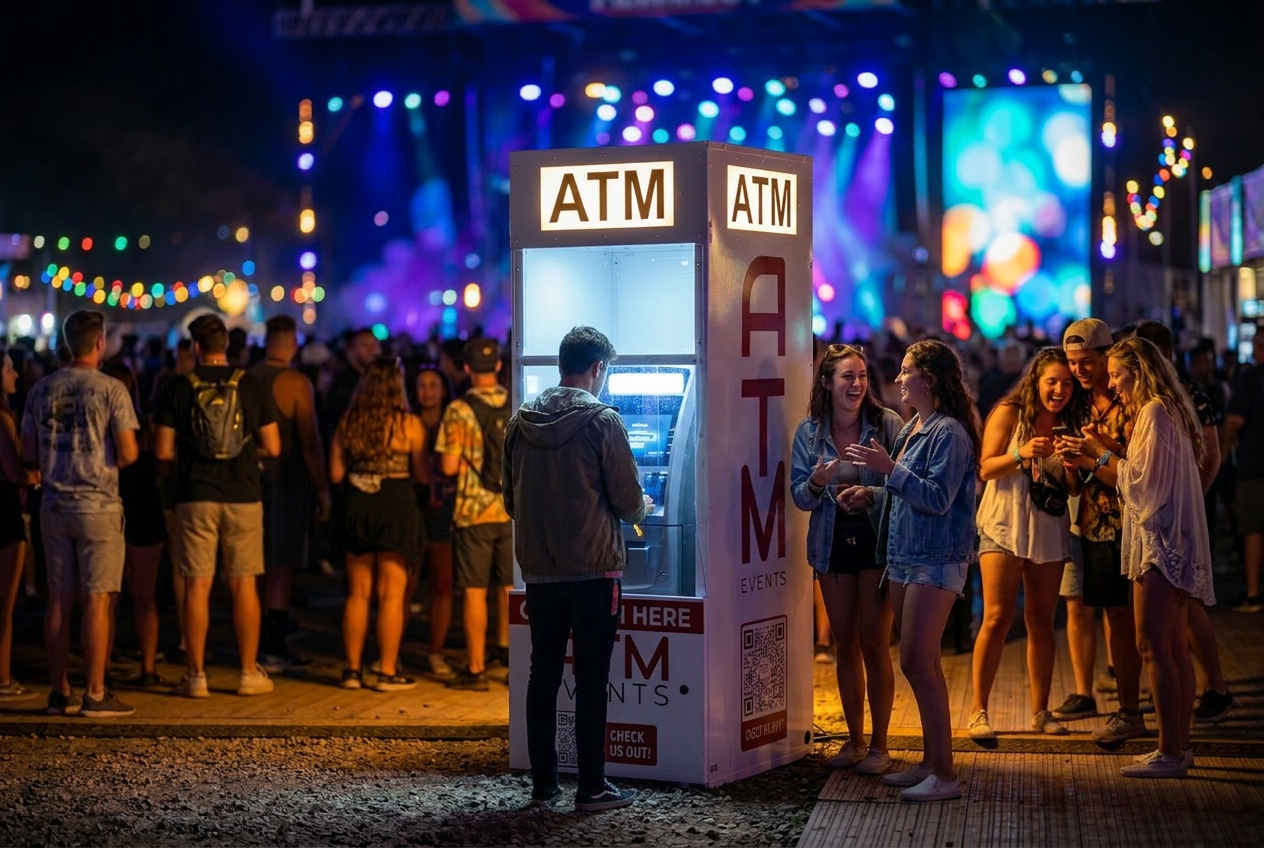 Festival-goers chatting in line at a lit-up ATM Events enclosure at night