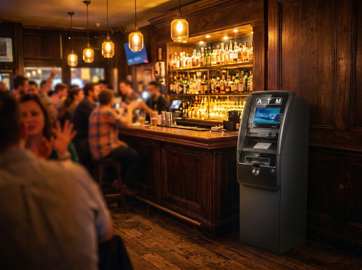 Genmega Onyx ATM placed inside a busy neighborhood bar