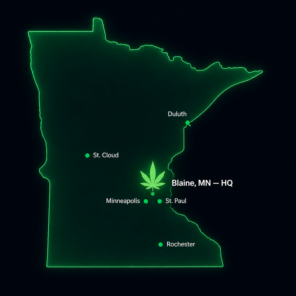 Map of Minnesota showing ATM Events headquarters in Blaine with a cannabis leaf marker