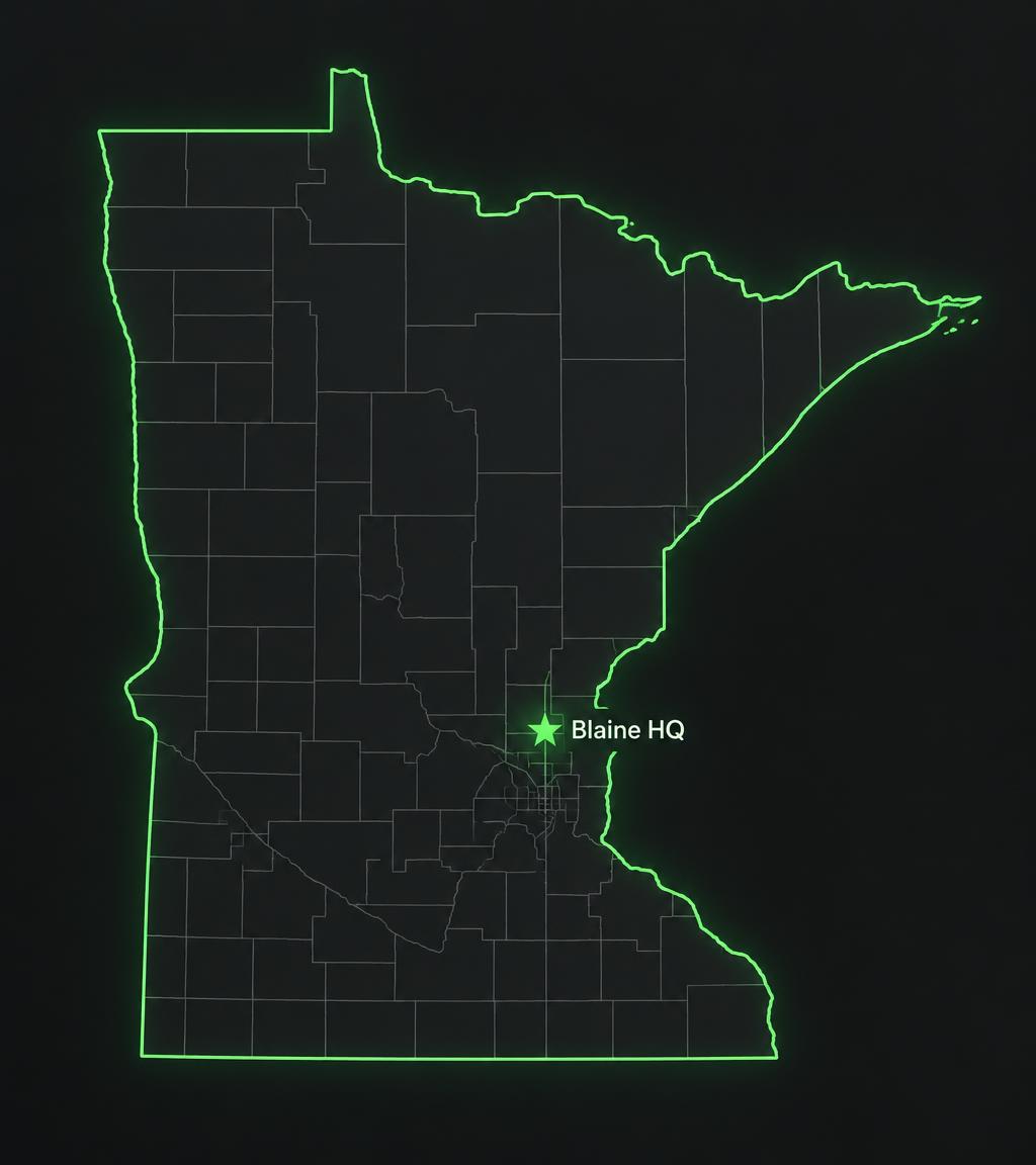 Map of Minnesota showing ATM Events headquarters in Blaine with a headquarters marker